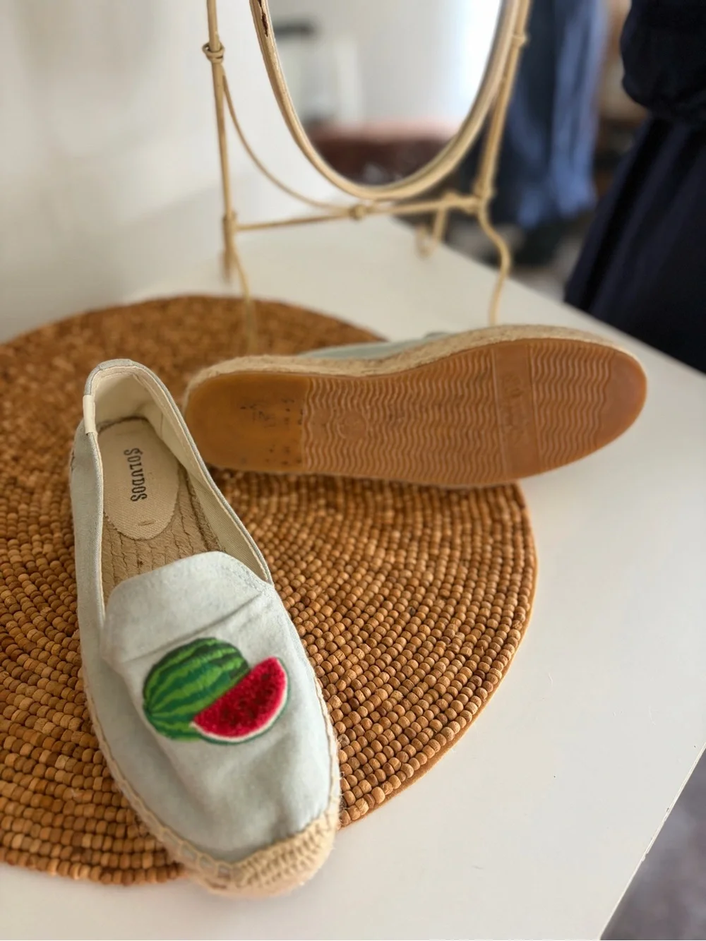 Soludos Women's Light Blue Espadrille Loafers with Watermelon Patch
